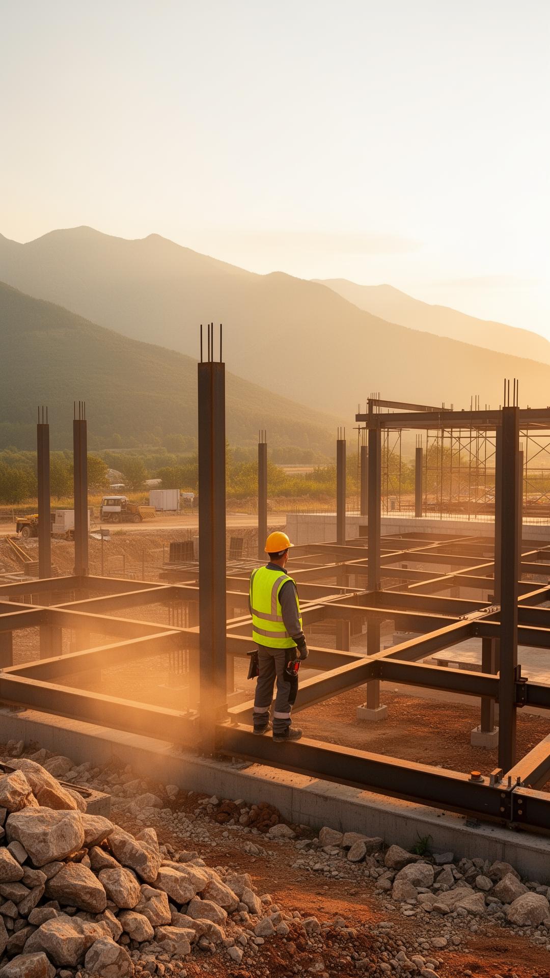 Worker on a construction site in the Balkan mountains at golden hour